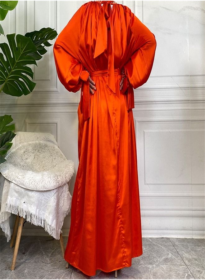 Loquat - Solid Satin White Pearl Dress Abaya Orange - Image 1