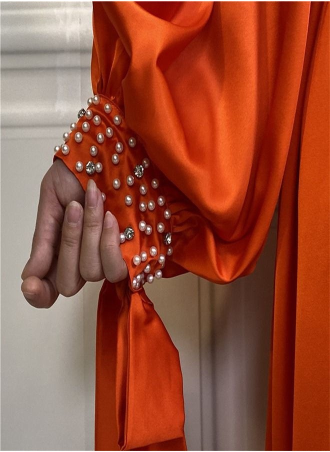 Loquat - Solid Satin White Pearl Dress Abaya Orange - Image 1