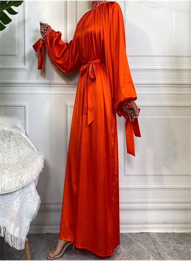 Loquat - Solid Satin White Pearl Dress Abaya Orange - Image 1