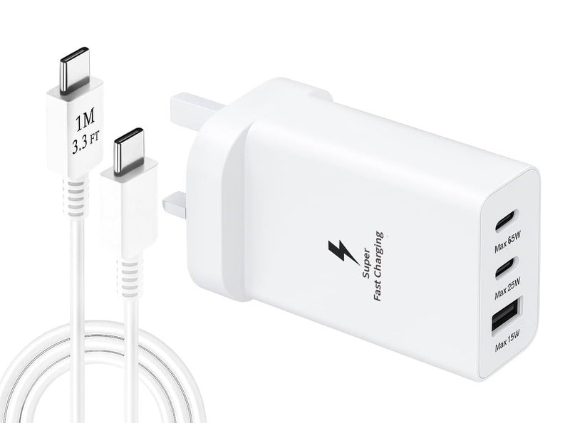 MANGO 65W Super Fast MultiPort Wall Charger with 1M USBC Braided Cable 3Port PD 30 PPS Adapter TypeC Fast Charging Plug for Smartphones Tablets Laptops  White