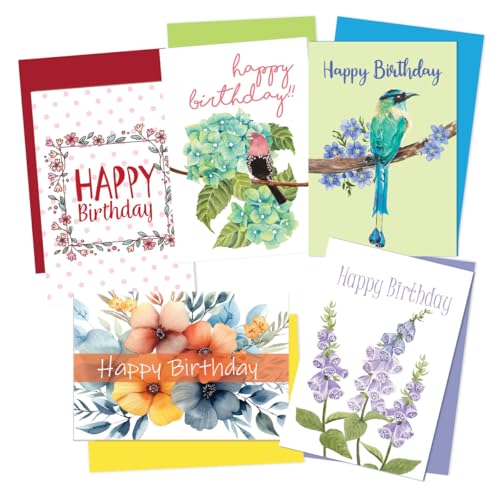 anujarusiya Birds & Blooms Birthday Card Set - 5 Cards, 4x5.8 Inch with Envelopes, Hand-Painted Design, Premium German Paper, Birthday Greetings, Perfect for Friends and Family - Image 1