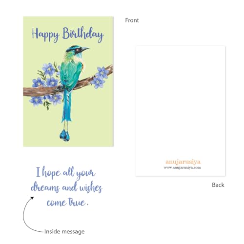 anujarusiya Birds & Blooms Birthday Card Set - 5 Cards, 4x5.8 Inch with Envelopes, Hand-Painted Design, Premium German Paper, Birthday Greetings, Perfect for Friends and Family - Image 2