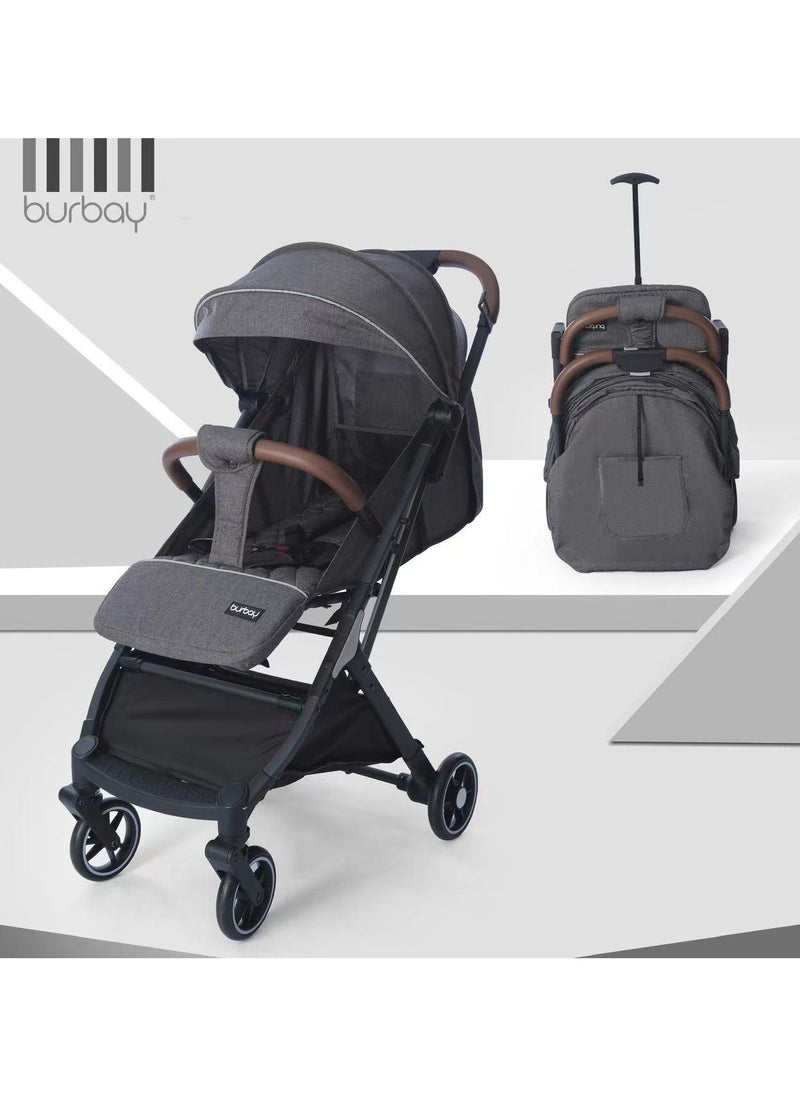 burbay An easy-to-fold baby stroller used on planes and trains, leather handle, foot brake, 360-degree wheels  - Image 1