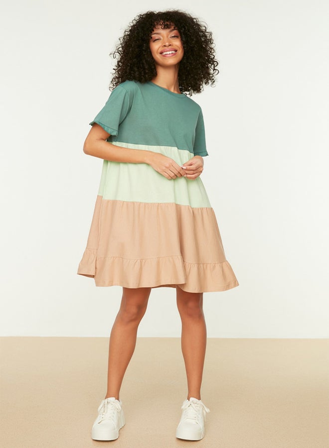 trendyol Green 100% Cotton Color Blocked Shift/Plain Mini Knitted Dress - Image 2