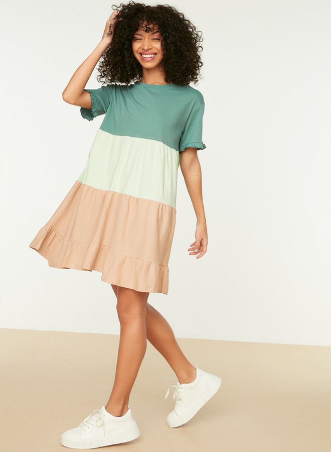 trendyol Green 100% Cotton Color Blocked Shift/Plain Mini Knitted Dress - Image 1