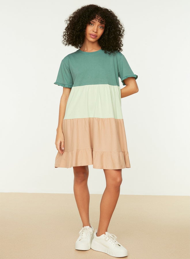 trendyol Green 100% Cotton Color Blocked Shift/Plain Mini Knitted Dress - Image 3