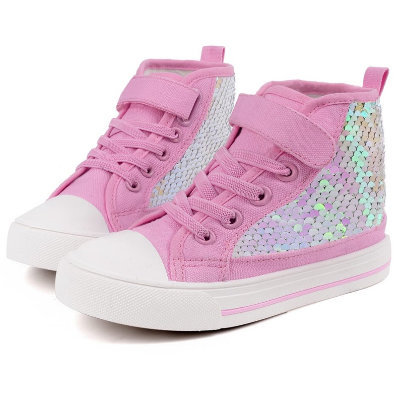 Toandon Little Girls Kids Canvas Shoes Sneakers for Toddler Color Change Flipping Sequins Glitter Sparkle High Top Adjustable Hook Loop Straps Velcro Non Slip Lightweight Walking Pink Size 11