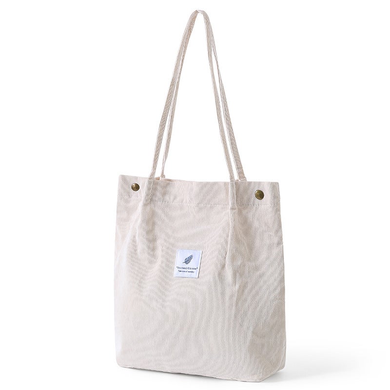 Flannel tote bag lady casual shoulder bag travel handbag folding portable shopping bag student reading book bag Creamy-white