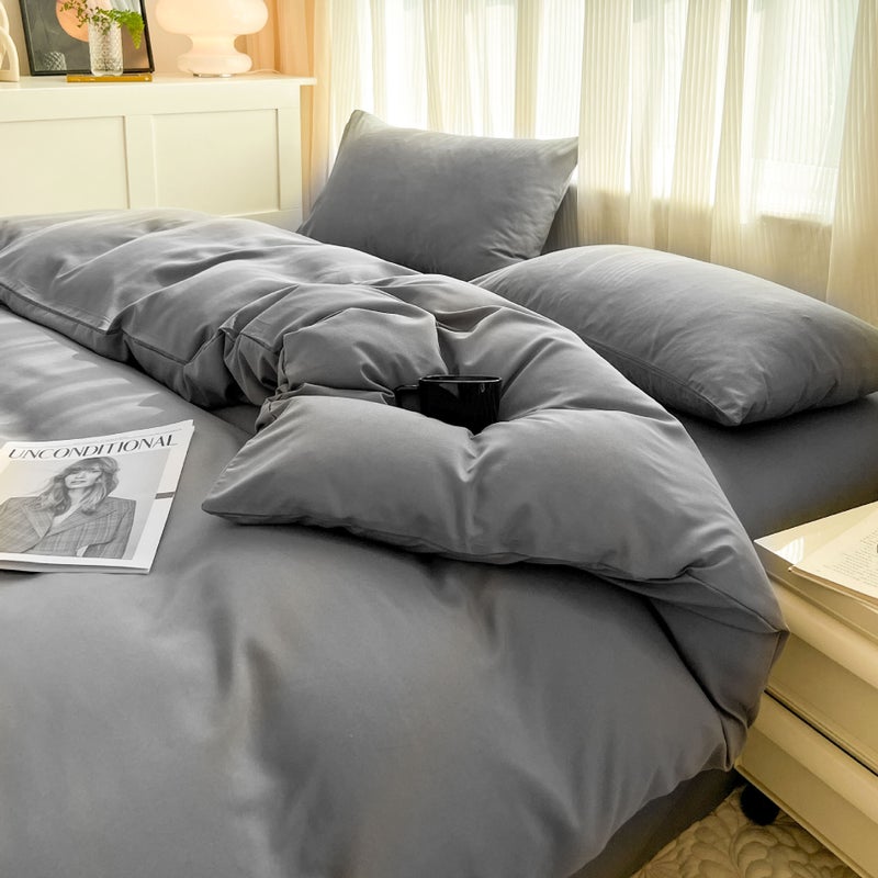 Quick Solid Color Sanding Four-Piece Set Ins Style Simple Quilt Cover Washed Quilt Cover Dormitory Bedding For 3 - Image 2