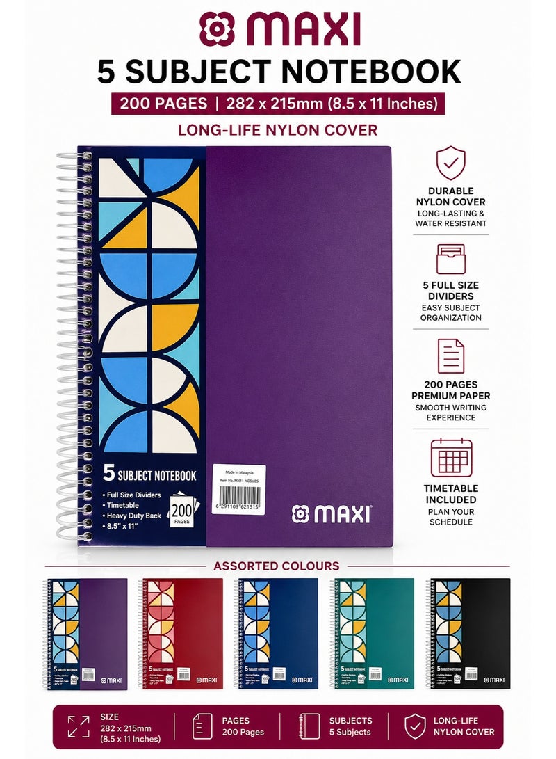 Maxi 1-Piece Five Subject Notebook With Nylon Cover Assorted Colours - Image 5