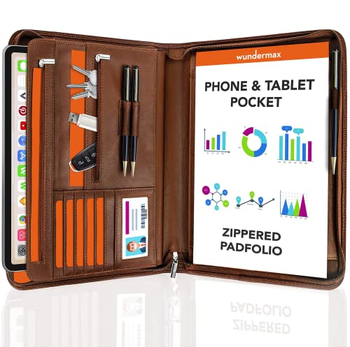 Wundermax Vegan PU Leather Portfolio with Zipper - Business Notebook Organizer for Resume - Padfolio for Men & Women w/Notepad Compatible with 10" iPad/Tablet Pocket Aesthetic School Suppliers, Brown - Image 1