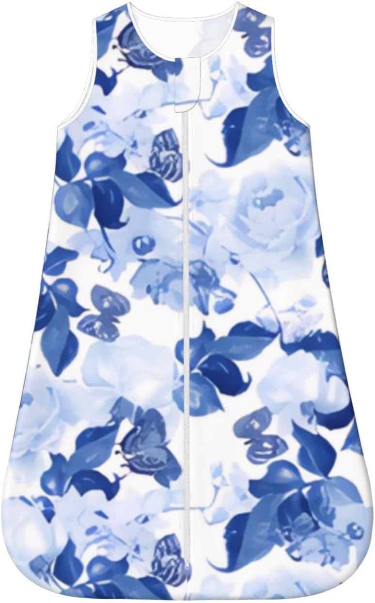 Stylish Blue White Botanical Floral Pattern Baby Wearable Blanket Infant Boys Girls Sleeping Bags for Newborn Small - Image 1