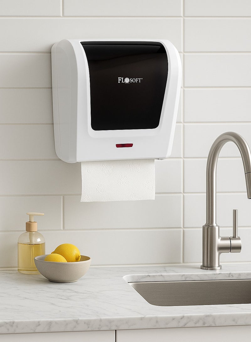 Automatic Sensor Paper Towel Dispenser Hands Free Wall Mounted Tissue Dispenser with Infrared Motion Detection High Capacity Durable ABS Plastic White with Black Cover for Bathrooms Kitchens & Commercial Use - Image 3