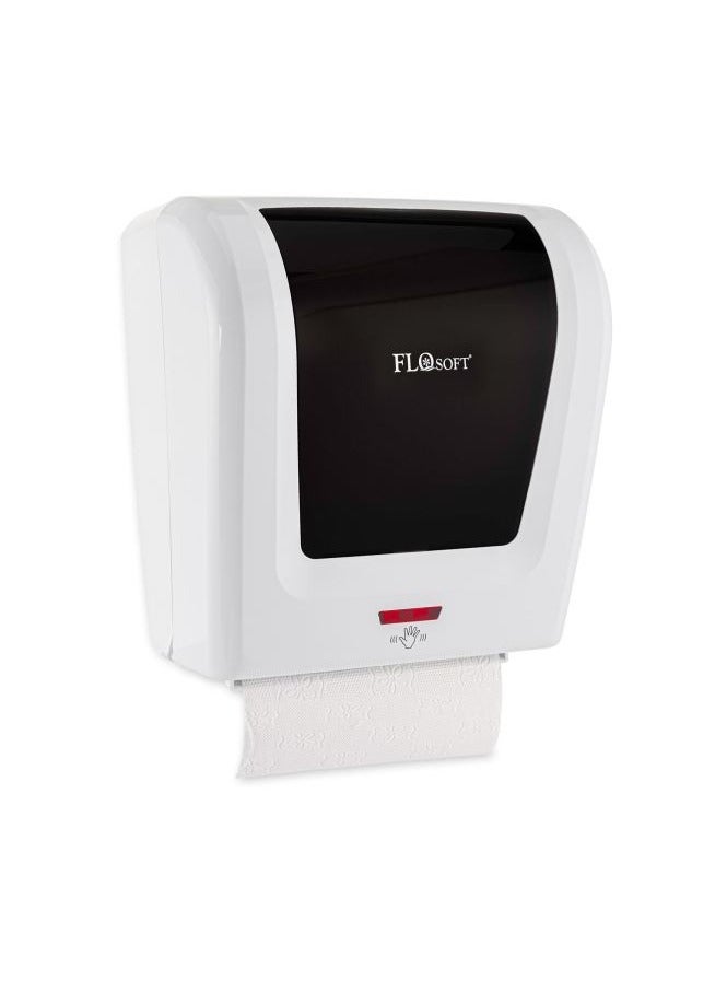 Automatic Sensor Paper Towel Dispenser Hands Free Wall Mounted Tissue Dispenser with Infrared Motion Detection High Capacity Durable ABS Plastic White with Black Cover for Bathrooms Kitchens & Commercial Use - Image 1