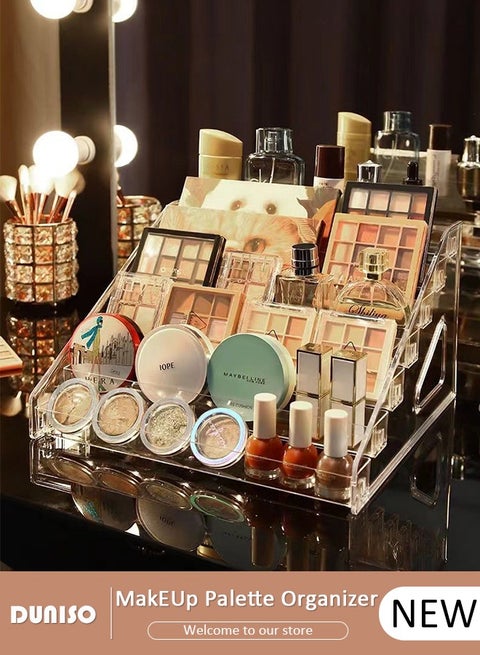 منظم مكياج لظلال العيون ومنظم أحمر الشفاه، منظم لوحة مكياج مقسم إلى 7 أقسام، منظم تجميل شفاف لخزانة الماكياج أو سطح الطاولة، تخزين مستحضرات التجميل الحديثة