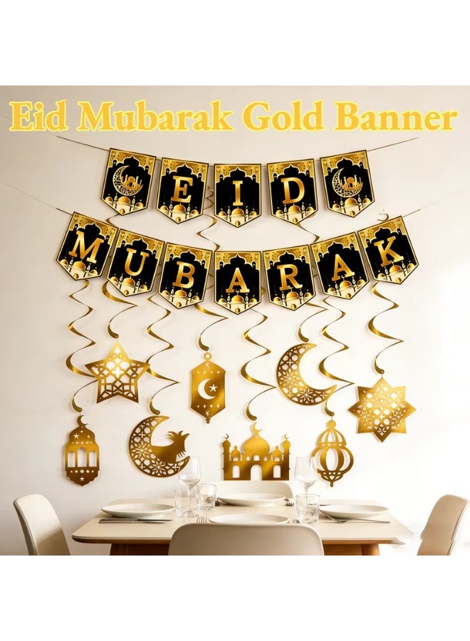 Eid Mubarak Gold Banner & Garlands Set, Ramadan Festival Home Wall Decor with Star and Moon Hanging Decorations - Image 1