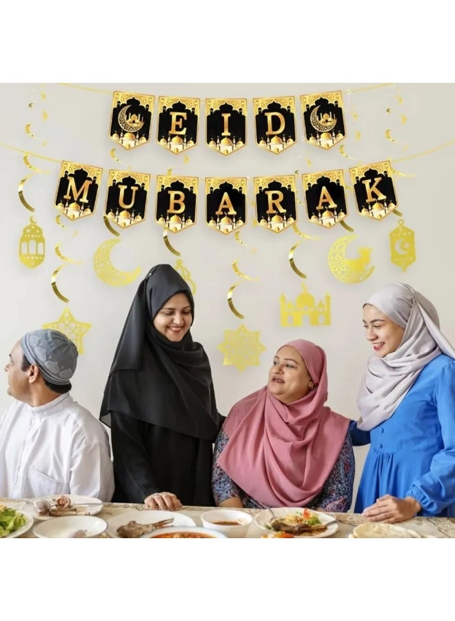 Eid Mubarak Gold Banner & Garlands Set, Ramadan Festival Home Wall Decor with Star and Moon Hanging Decorations - Image 4