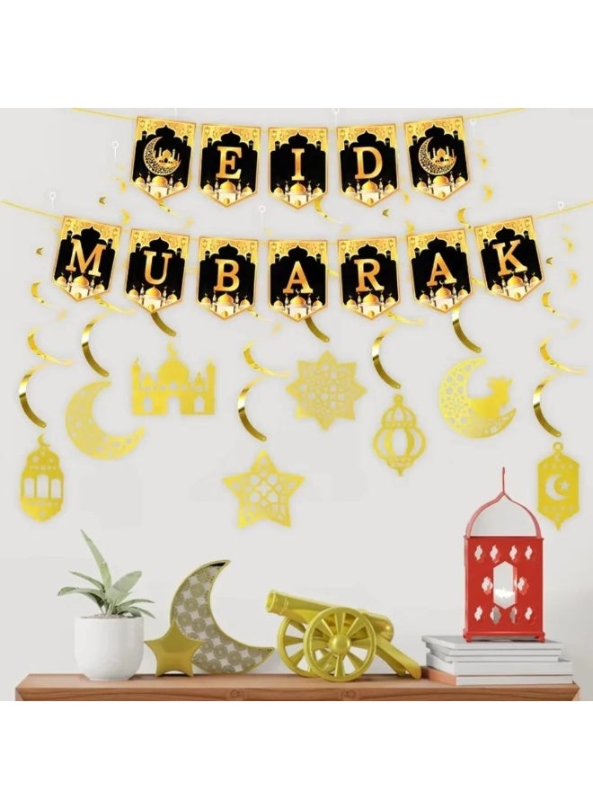 Eid Mubarak Gold Banner & Garlands Set, Ramadan Festival Home Wall Decor with Star and Moon Hanging Decorations - Image 3