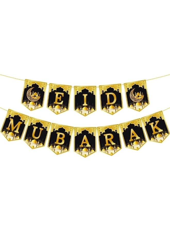 Eid Mubarak Gold Banner & Garlands Set, Ramadan Festival Home Wall Decor with Star and Moon Hanging Decorations - Image 5