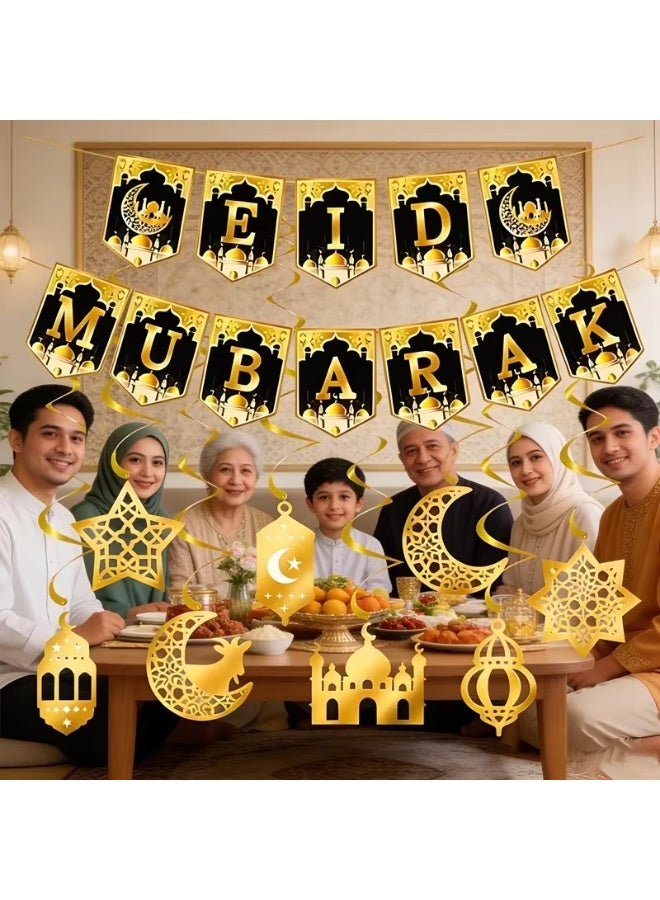 Eid Mubarak Gold Banner & Garlands Set, Ramadan Festival Home Wall Decor with Star and Moon Hanging Decorations - Image 2