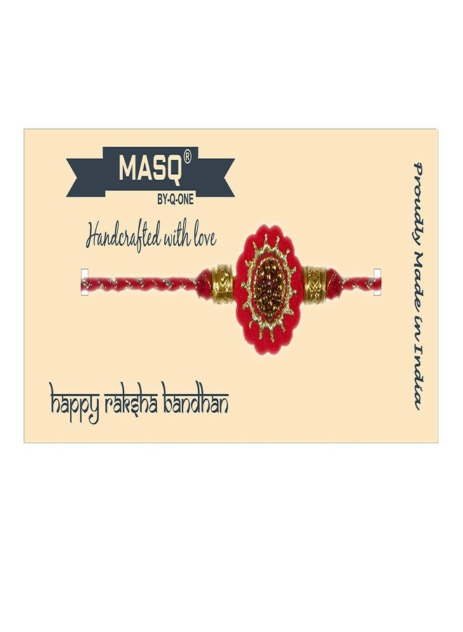 MASQ by Q-One SHUBH Designer Rakhi Set with Roli Chawal & Moli for Men (Red-Gold | Pack of 1) | Embroidered Handcrafted Raksha Bandhan Bracelet for Brother - Image 3