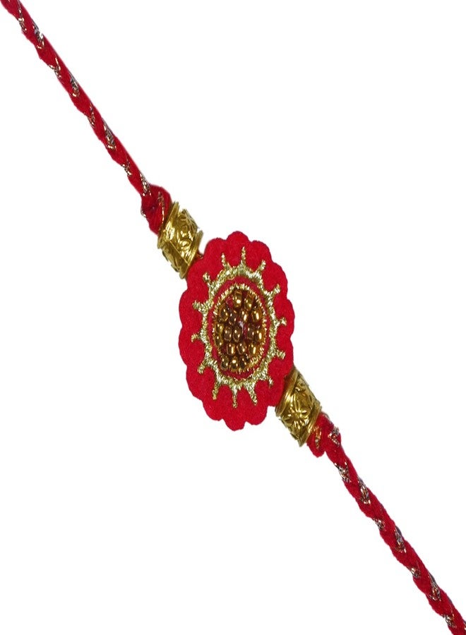 MASQ by Q-One SHUBH Designer Rakhi Set with Roli Chawal & Moli for Men (Red-Gold | Pack of 1) | Embroidered Handcrafted Raksha Bandhan Bracelet for Brother - Image 1