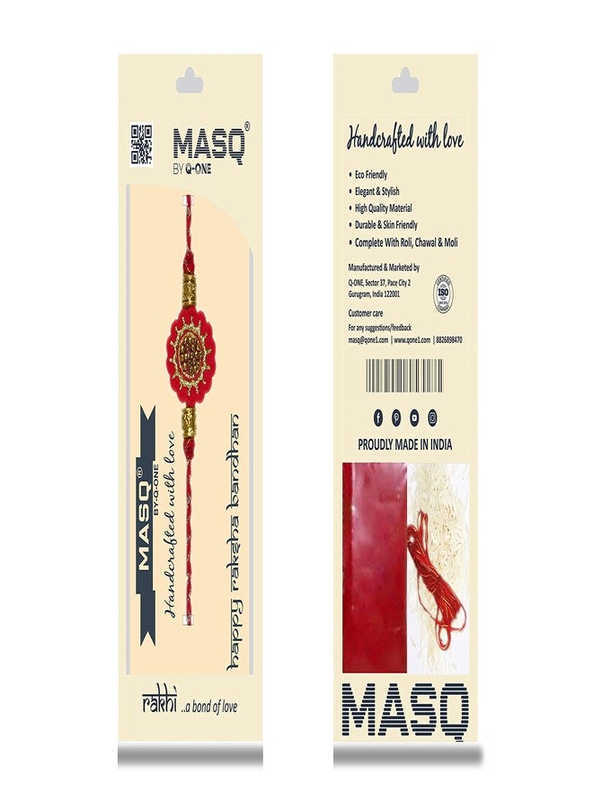 MASQ by Q-One SHUBH Designer Rakhi Set with Roli Chawal & Moli for Men (Red-Gold | Pack of 1) | Embroidered Handcrafted Raksha Bandhan Bracelet for Brother - Image 5