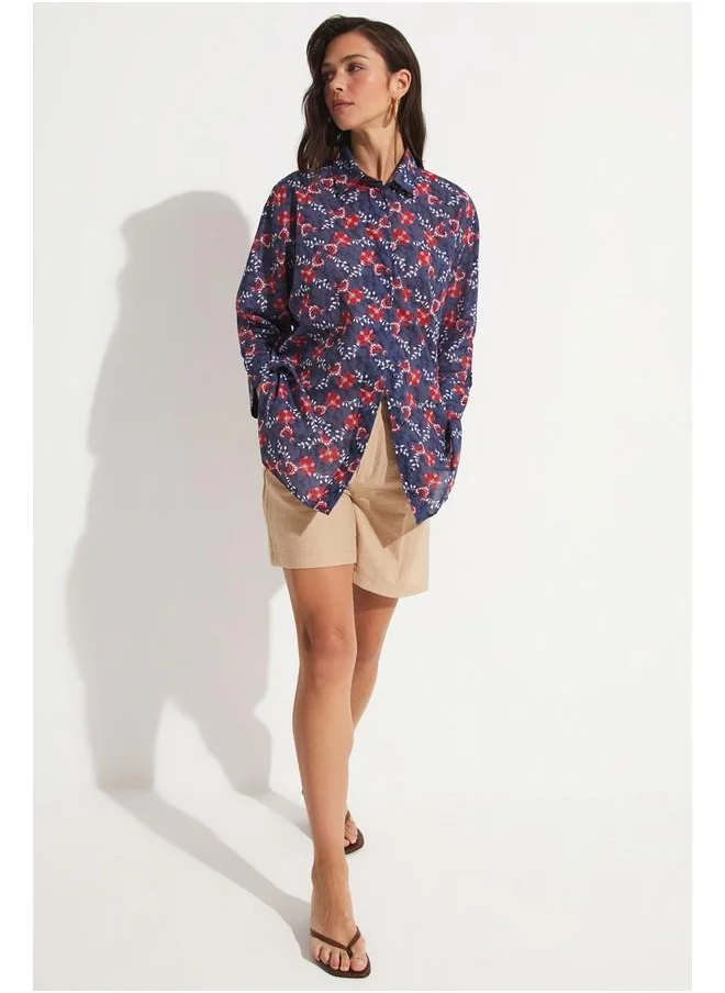 JUNE June Exclusive Red Floral Patterned Loose-Cut Cotton Shirt Indigo