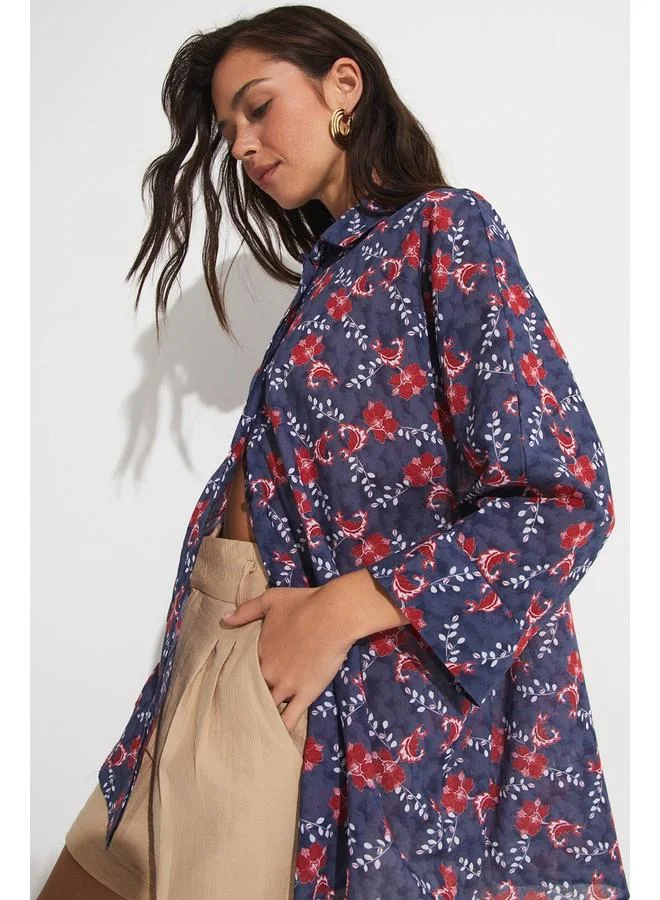 JUNE June Exclusive Red Floral Patterned Loose-Cut Cotton Shirt Indigo
