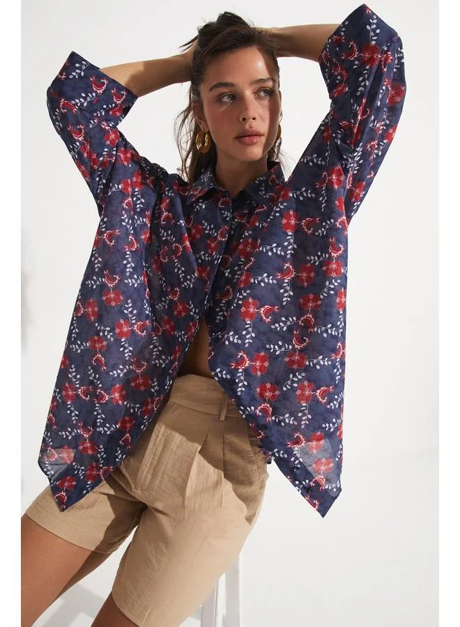 JUNE June Exclusive Red Floral Patterned Loose-Cut Cotton Shirt Indigo