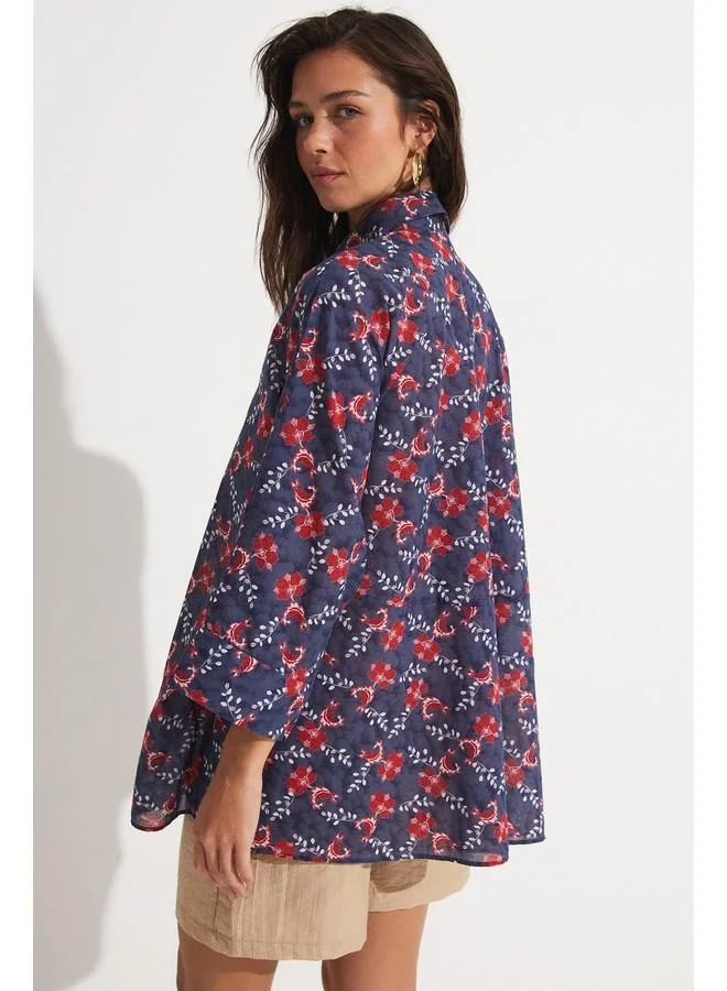 JUNE June Exclusive Red Floral Patterned Loose-Cut Cotton Shirt Indigo