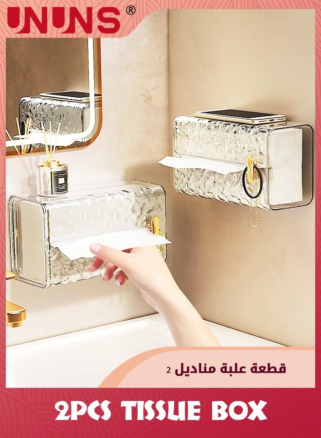 UNUNS صندوق مناديل أكريليك مكون من قطعتين، حامل مناديل تجفيف وموزع مناديل، تخزين مناديل مموجة للمياه الشفافة للحمام والمطبخ وغرفة المعيشة وغرفة النوم والمكتب والسيارة أو المكتب أو صندوق مناديل بتصميم إبداعي مثبت على الحائط - Image 1