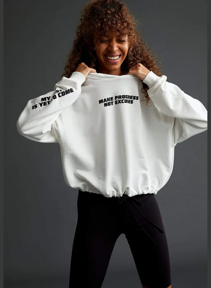 DeFacto Long Sleeve Shirred Text Print Sweatshirt