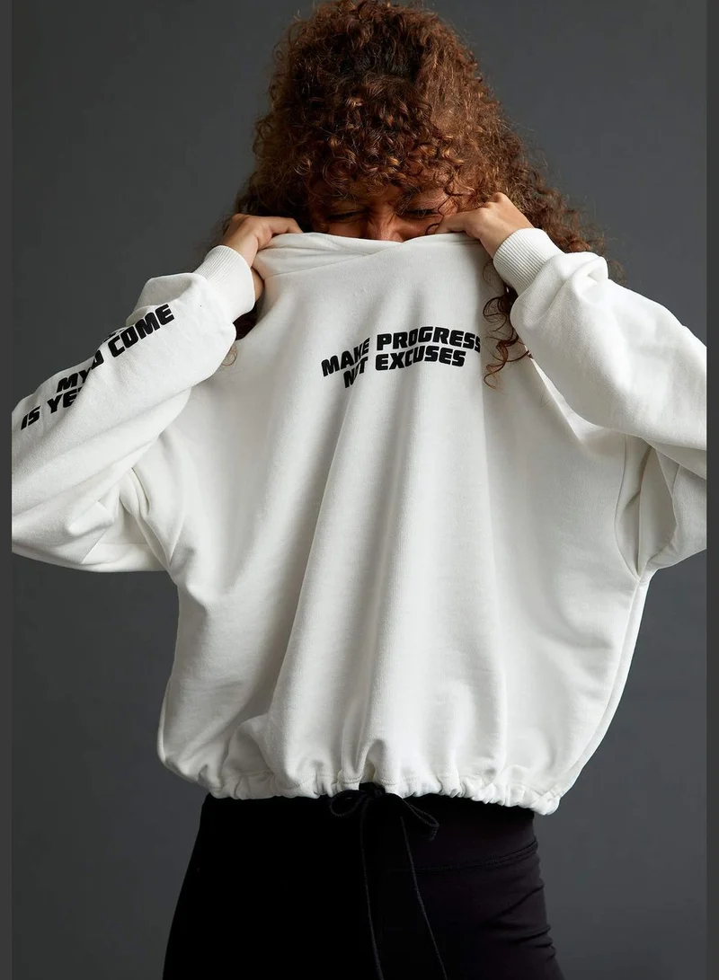 DeFacto Long Sleeve Shirred Text Print Sweatshirt