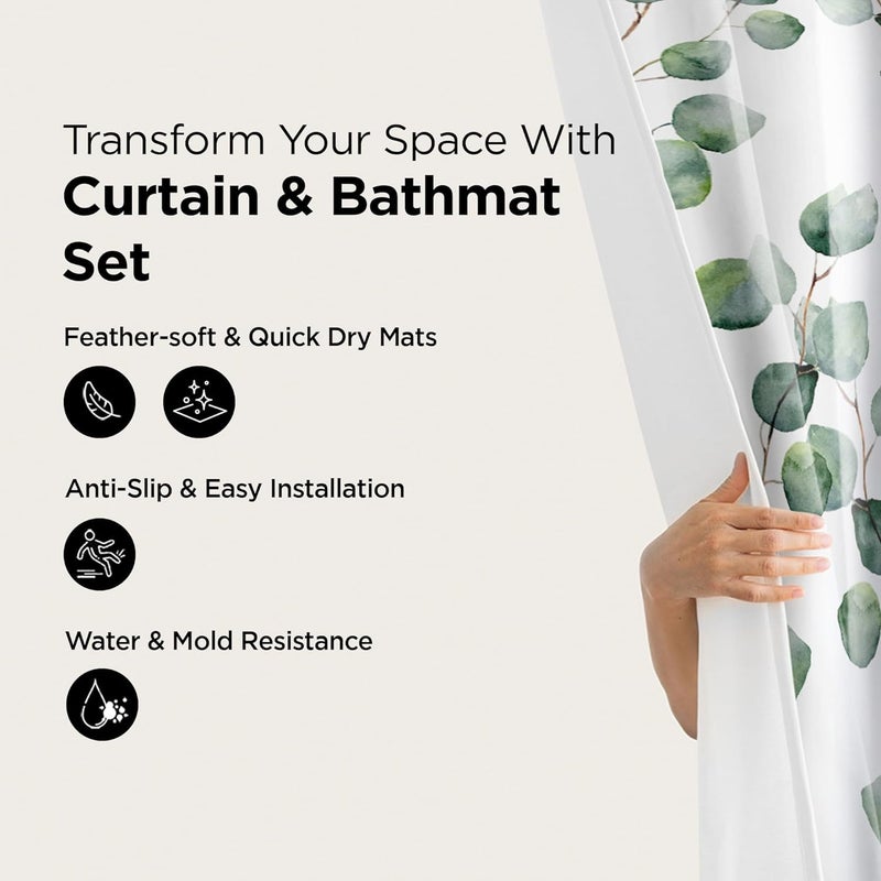 Homestic 7 Feet Shower Curtain & 2 Pcs Bathmat I Anti Slip I Quick Dry I Waterproof I Easy-Slide Curtains I Bath Decor I Multicolour - Image 2