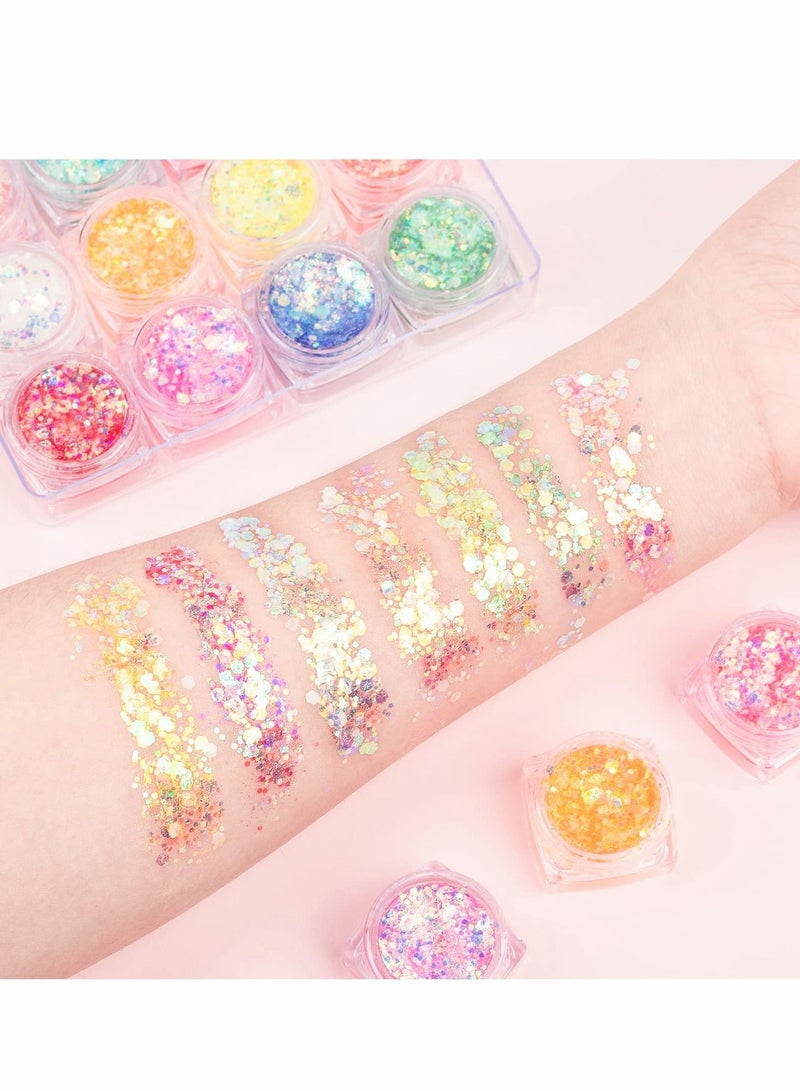Excefore Glow in The Dark Body Face Glitter Gel, 12 Colors Luminous Iridescent Chunky Glitter, Self-Adhesive UV Black Light Glitter for Body/Face/Hair/Eyeshadow, Glitter for Carnival Party Makeup  - Image 4