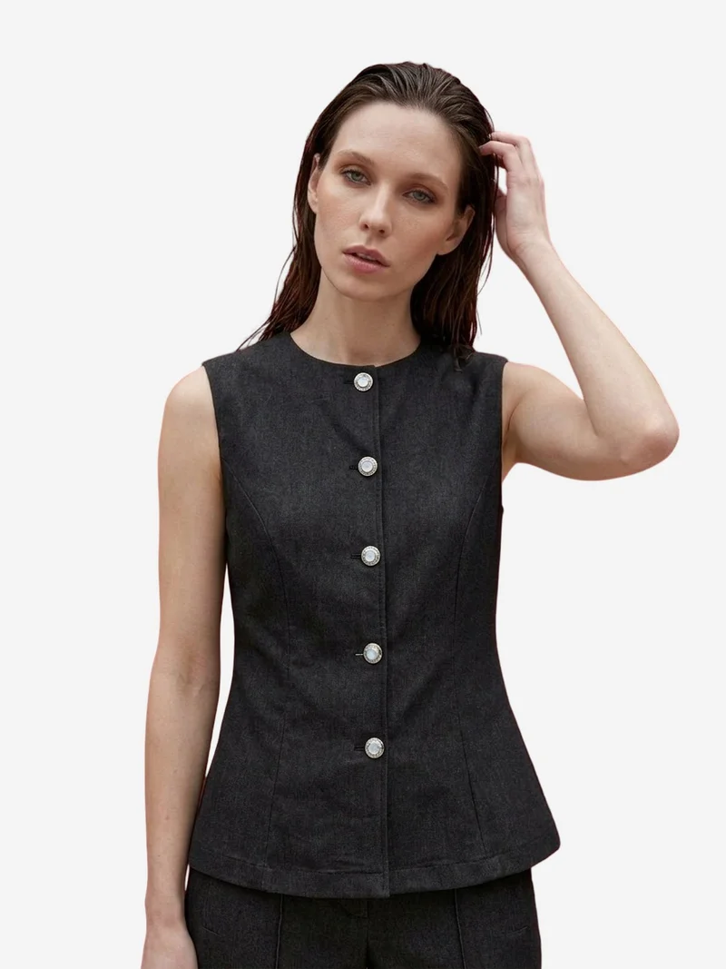 My Fashion Black MY FASHION Cotton Poplin Vest and Wide-Leg Trouser Set for Women | Best Price UAE