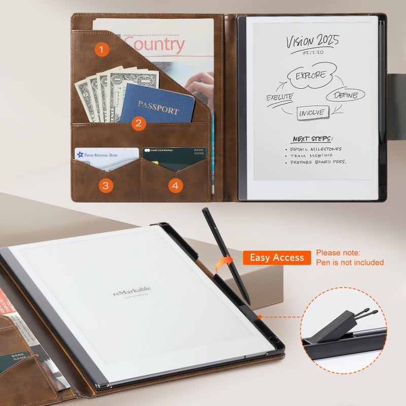 CoBak Premium PU Leather Case for 10.3" Remarkable 2 Tablet (2020) - Folder Design, Slim Hard Shell with Pen Holder, Brown Leather - Image 3