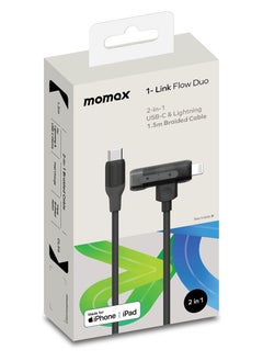 Momax 1-Link Flow Duo 2 in 1 USB-C to USB-C + Lightning Cable to USB-C Braided Cable 1.5 meter [MFI Certified] Fast Charge PD 3.0 - Black  - Image 2