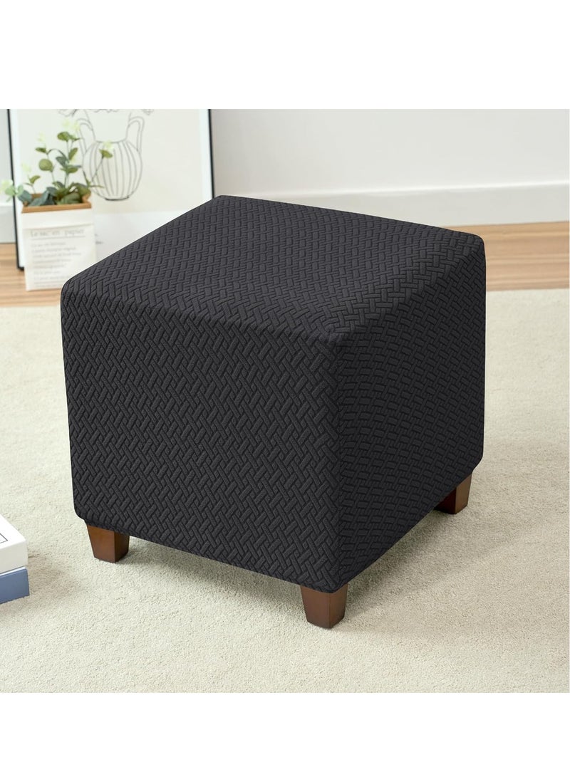 Ottoman Cover,Stretch Knitted Jacquard Square Ottoman Cover Thick Ottoman Slipcover Square Storage Ottoman Cover Foot Stool Cover with Elastic Bottom Black Small  - Image 2