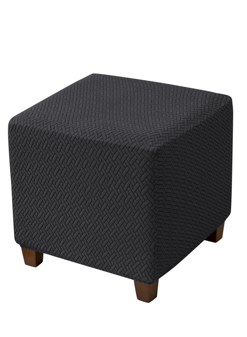 Ottoman Cover,Stretch Knitted Jacquard Square Ottoman Cover Thick Ottoman Slipcover Square Storage Ottoman Cover Foot Stool Cover with Elastic Bottom Black Small  - Image 1