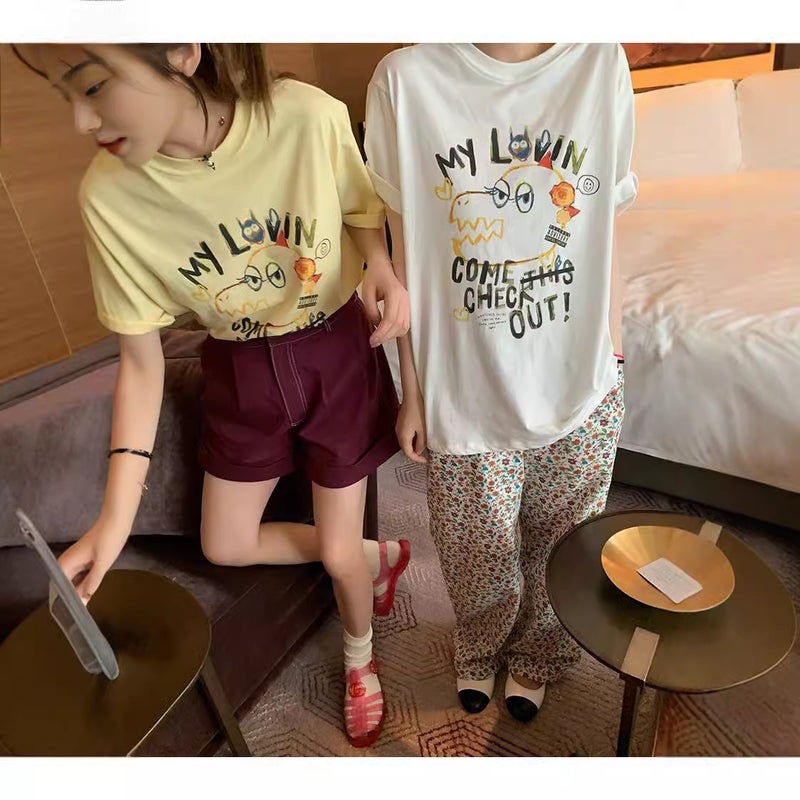 [] Ms Graffiti Two-Color T-Shirt Women'S Short-Sleeved Round Neck Printed Loose All-Match Top - Image 2