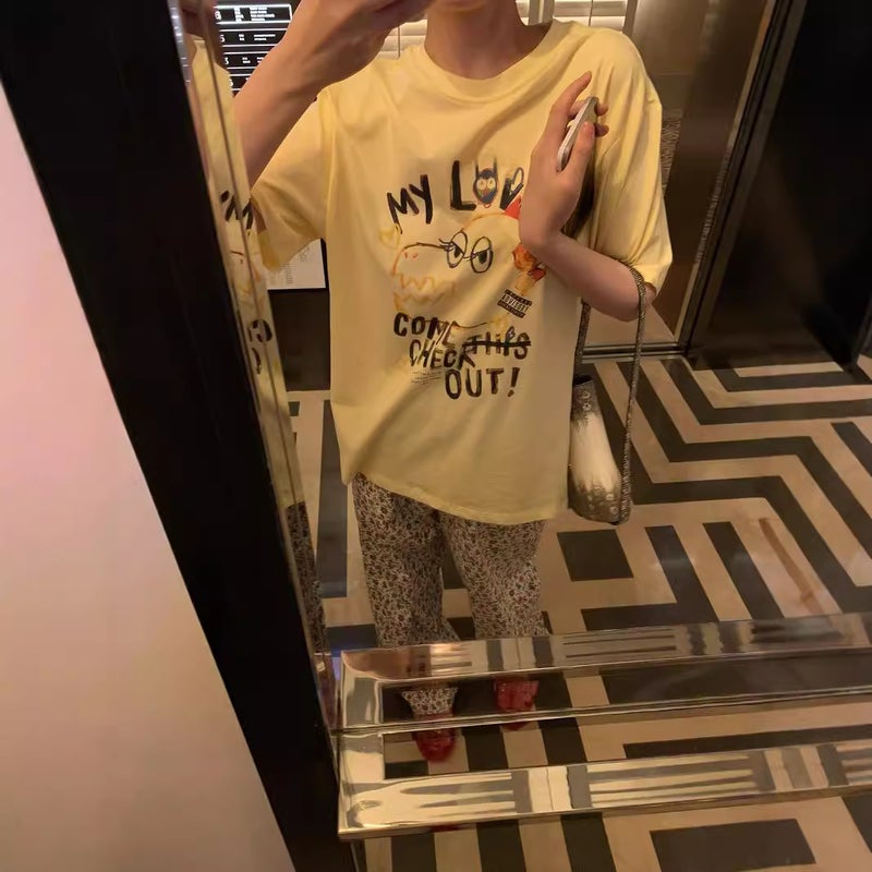[] Ms Graffiti Two-Color T-Shirt Women'S Short-Sleeved Round Neck Printed Loose All-Match Top - Image 3