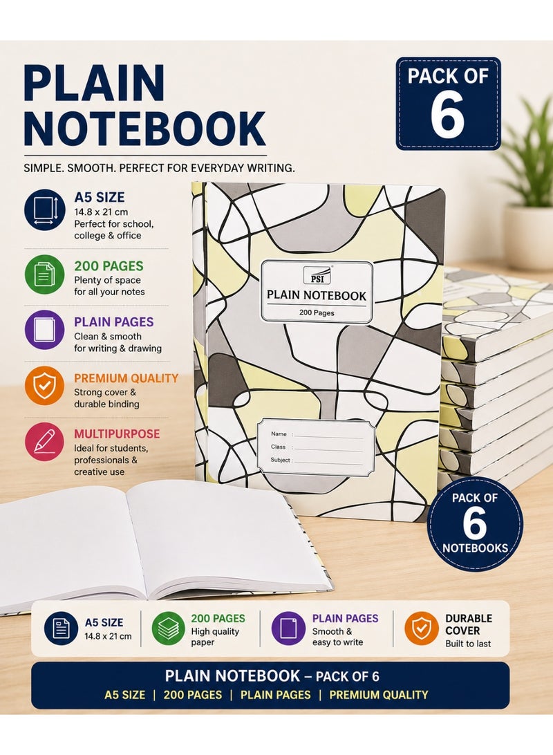 6-Piece A5 Size Exercise Plain Notebook 200 Pages