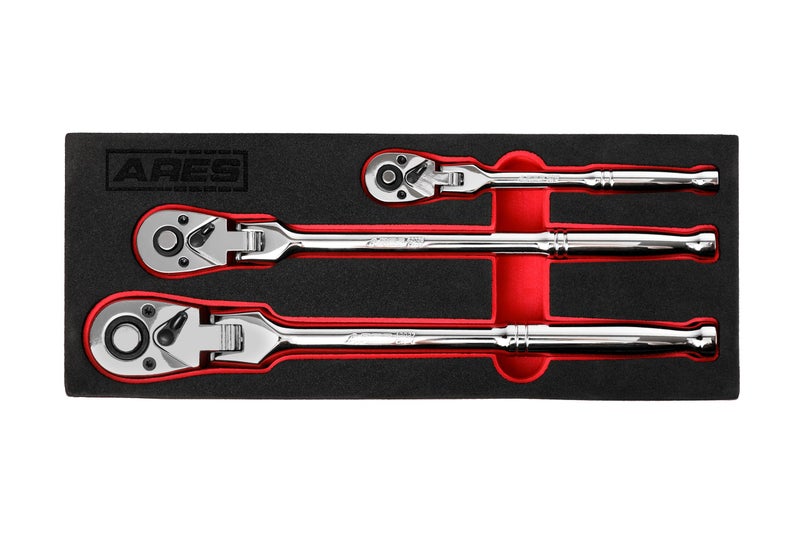 ARES 42028 - Flex Head Ratchet Set - 3-Piece 72-Tooth Ratchet - Premium Chrome Vanadium Steel Construction & Chrome Plated Finish - 72-Tooth Quick Release Reversible Design with 5 Degree Swing - Image 1