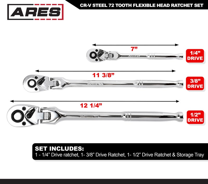 ARES 42028 - Flex Head Ratchet Set - 3-Piece 72-Tooth Ratchet - Premium Chrome Vanadium Steel Construction & Chrome Plated Finish - 72-Tooth Quick Release Reversible Design with 5 Degree Swing - Image 2