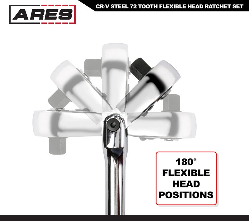ARES 42028 - Flex Head Ratchet Set - 3-Piece 72-Tooth Ratchet - Premium Chrome Vanadium Steel Construction & Chrome Plated Finish - 72-Tooth Quick Release Reversible Design with 5 Degree Swing - Image 4
