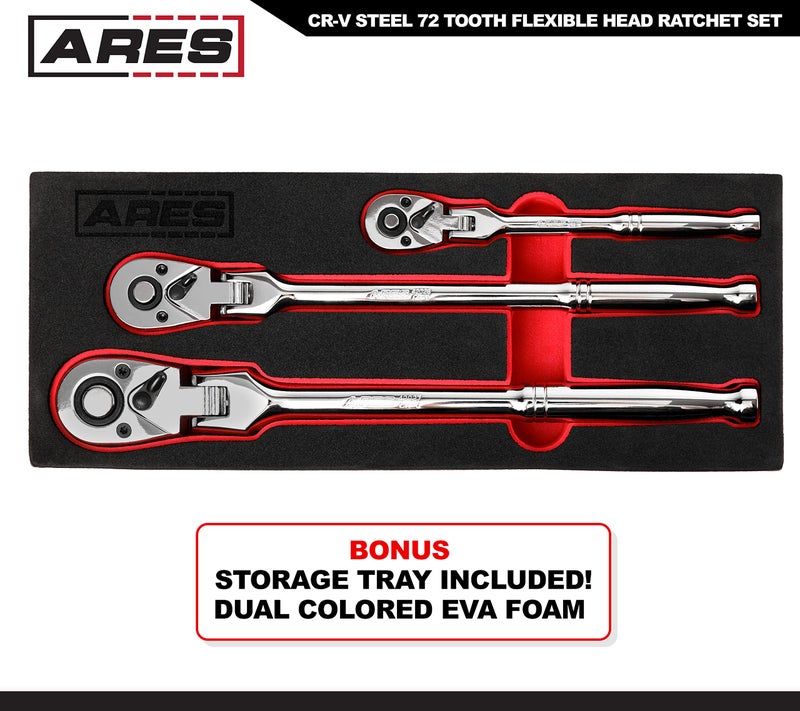 ARES 42028 - Flex Head Ratchet Set - 3-Piece 72-Tooth Ratchet - Premium Chrome Vanadium Steel Construction & Chrome Plated Finish - 72-Tooth Quick Release Reversible Design with 5 Degree Swing - Image 5