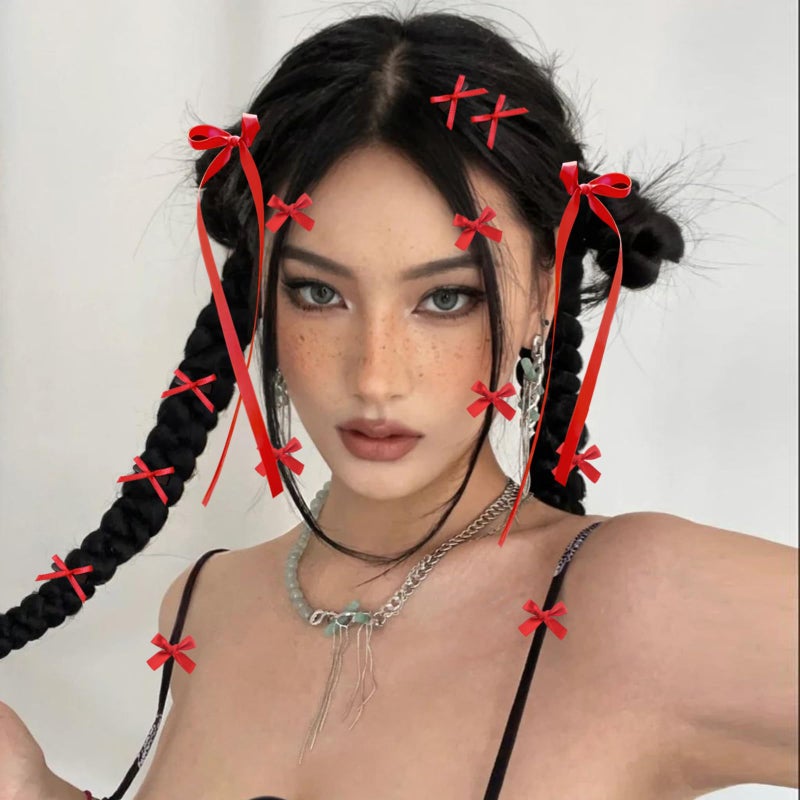 SAOROPEB Mini Hair Bows for Women Girls Cute Hair Clips Small Alligator Long Tail Hair Ribbon Accessories -3 Styles -22P - Red - Image 5