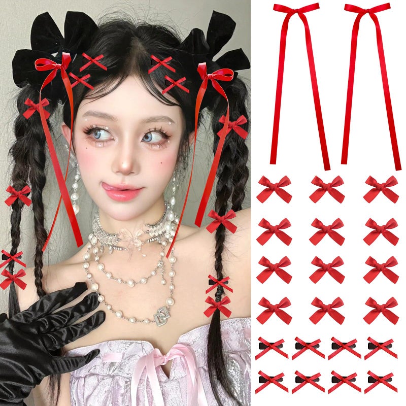 SAOROPEB Mini Hair Bows for Women Girls Cute Hair Clips Small Alligator Long Tail Hair Ribbon Accessories -3 Styles -22P - Red - Image 1